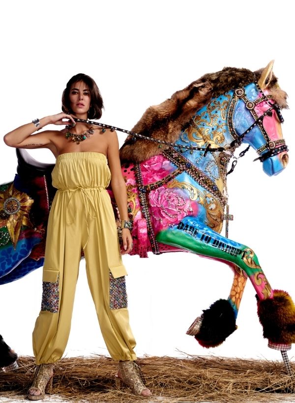 Yellow Jumpsuit With Exaggerated Swarovski Pockets