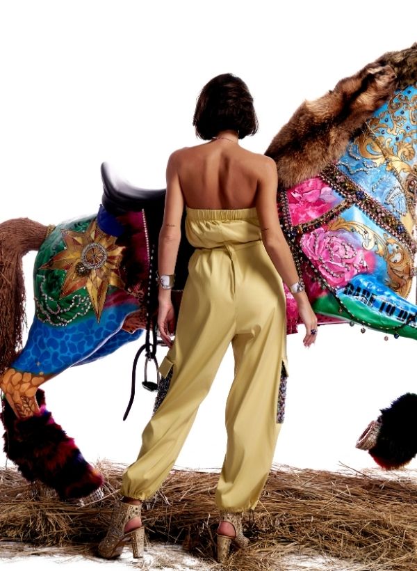 Yellow Jumpsuit With Exaggerated Swarovski Pockets