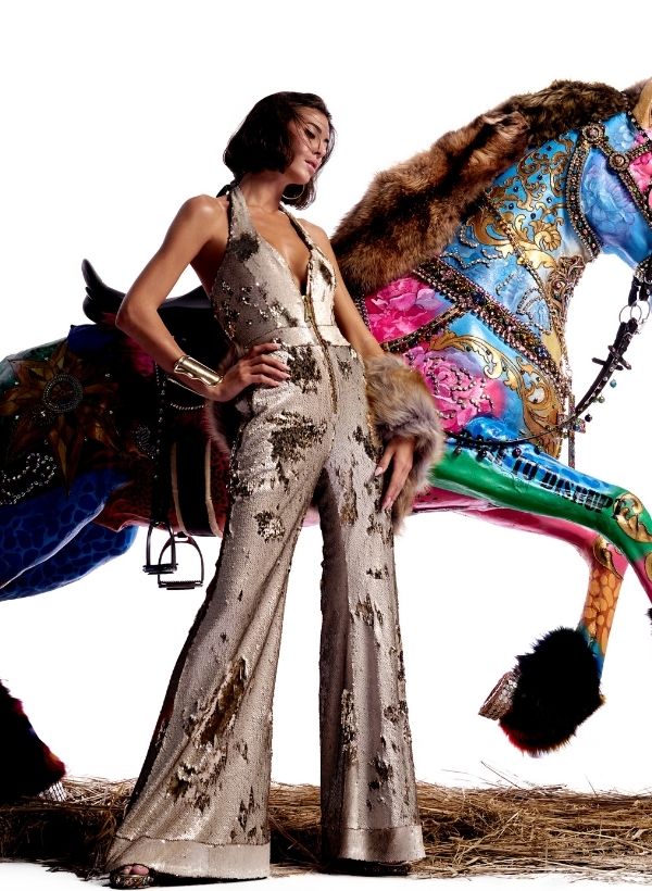 Beige & Gold Sequins Halter Jumpsuit