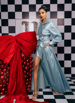 Load image into Gallery viewer, LONG BLUE METALLIC DENIM DRESS