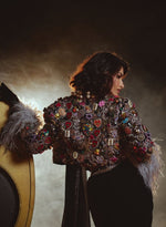 Load image into Gallery viewer, Black Brocade Corset & Embellished Jacket with Sari – Sari
