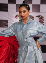 Load image into Gallery viewer, LONG BLUE METALLIC DENIM DRESS