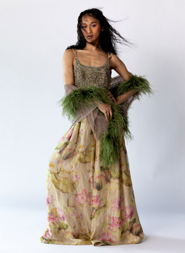 Silver and Copper Beaded Blouse, Palazzo & Shawl