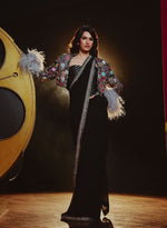 Load image into Gallery viewer, Black Brocade Corset & Embellished Jacket with Sari