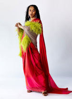Load image into Gallery viewer, Red Heavy Silk Pre-Pleated Saree, Nude Metallic Shawl & Silver & Copper beaded Blouse