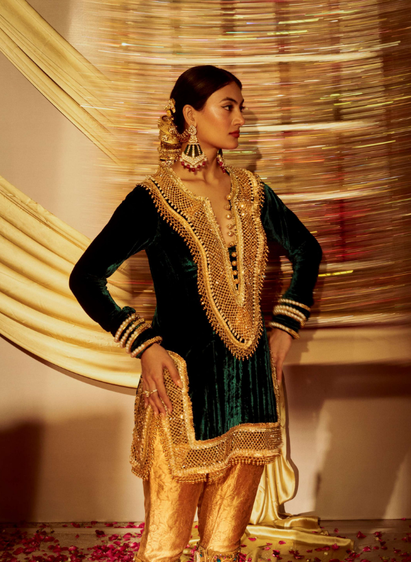 Dark Green & Gold Embellished Kurta Set