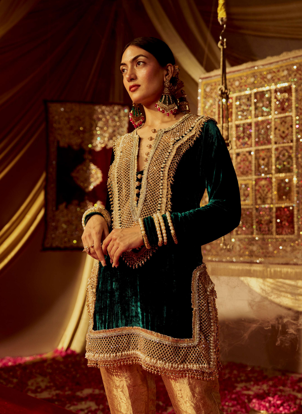 Dark Green & Gold Embellished Kurta Set
