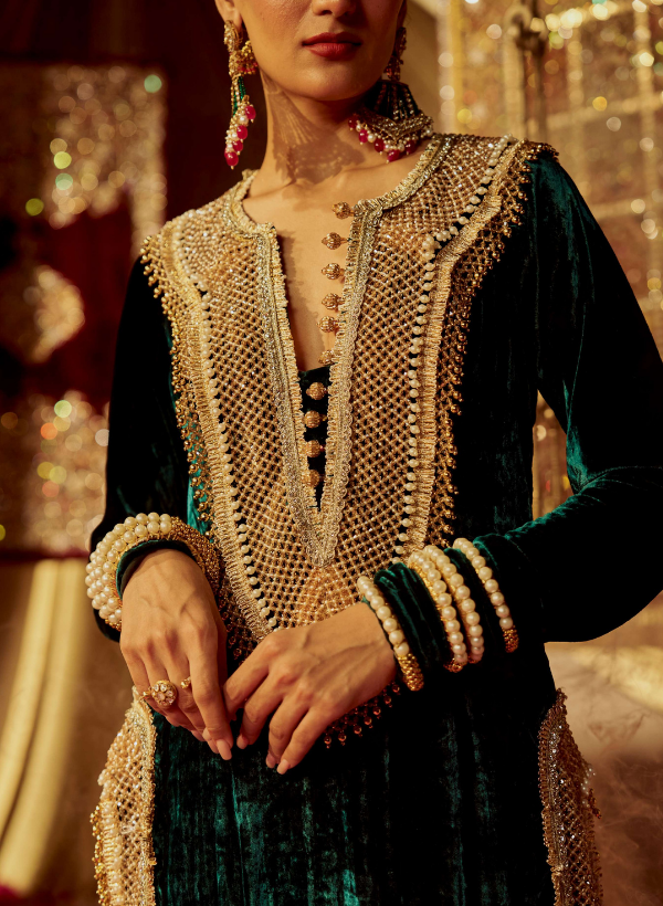 Dark Green & Gold Embellished Kurta Set