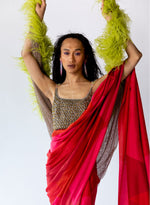 Load image into Gallery viewer, Red Heavy Silk Pre-Pleated Saree, Nude Metallic Shawl & Silver & Copper beaded Blouse