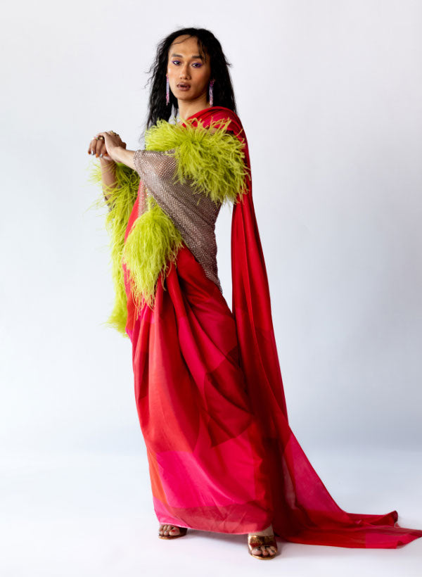 Red Heavy Silk Pre-Pleated Saree, Nude Metallic Shawl & Silver & Copper beaded Blouse