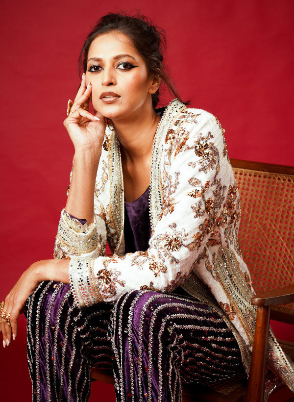 Deep Purple Short Velvet Kurta Set