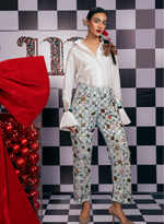 Load image into Gallery viewer, WHITE ZIPPER WATCH SHIRT PAIRED WITH CROPPED DENIM BEJEWELLED JEANS