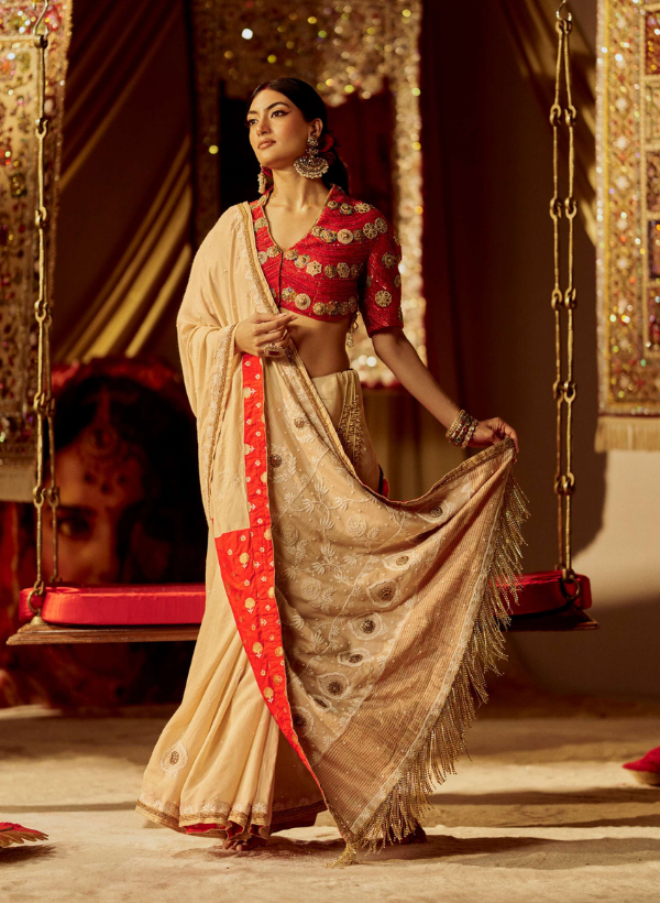 Red Embellished Blouse With Cream Chanderi Saree