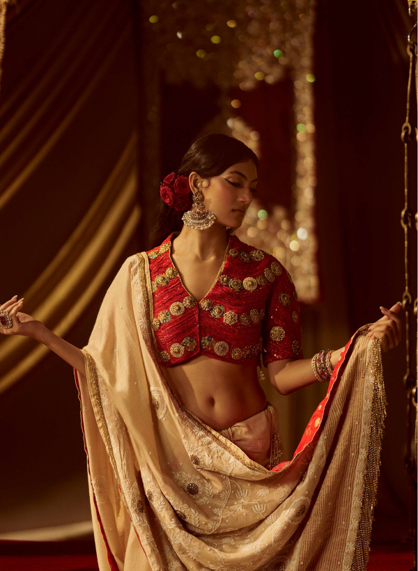 Red Embellished Blouse With Cream Chanderi Saree