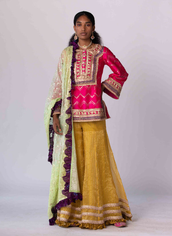Pink and Ochre Banarasi Silk Sharara Set