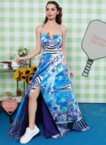 Load image into Gallery viewer, BLUE FRENCH ORGANZA HAND PAINTED LONG DRESS