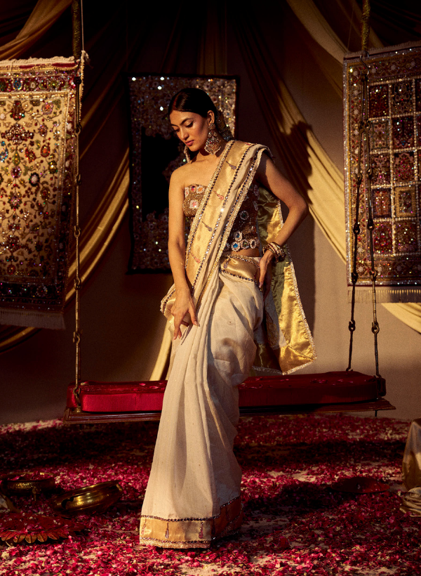 Gold Chanderi Mirror Work Saree