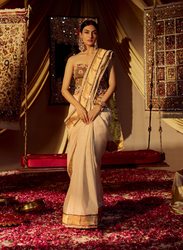 Gold Chanderi Mirror Work Saree