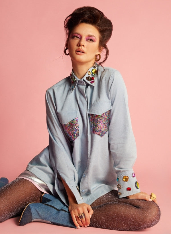 Denim Rhinestone Elaborate Shirt