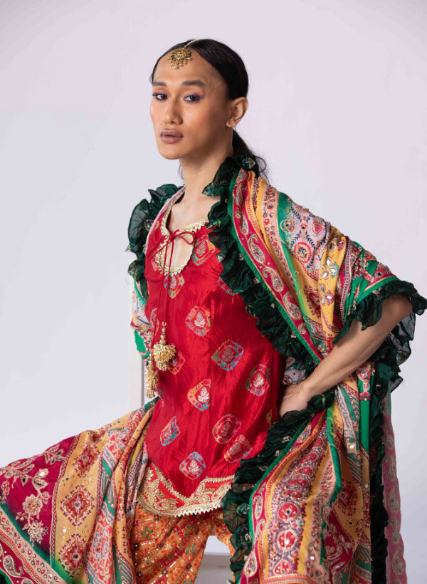 Red Banarasi Silk Sharara Set