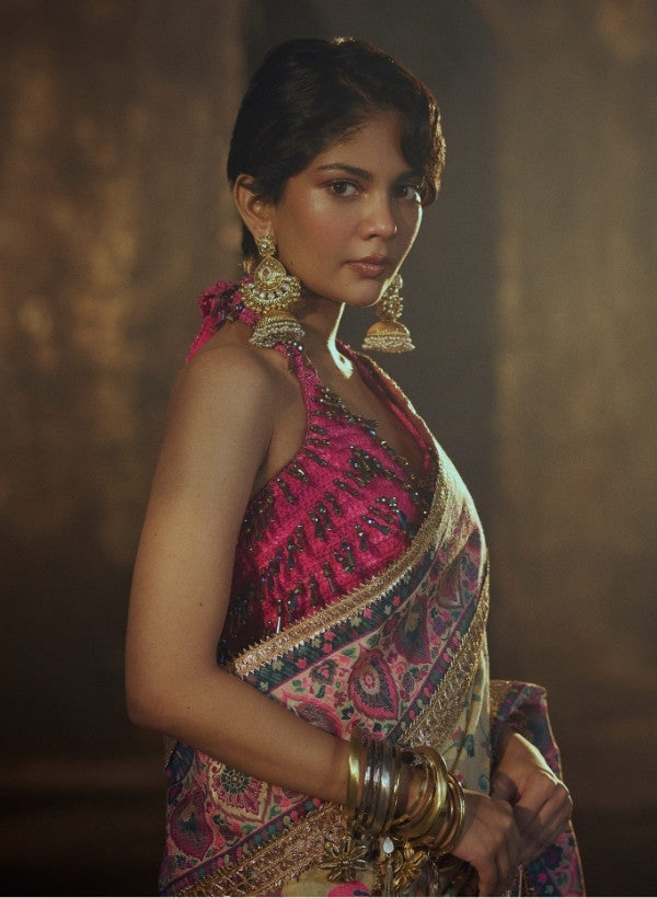 Cream Chanderi Silk Saree