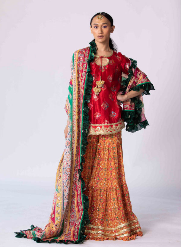 Red Banarasi Silk Sharara Set