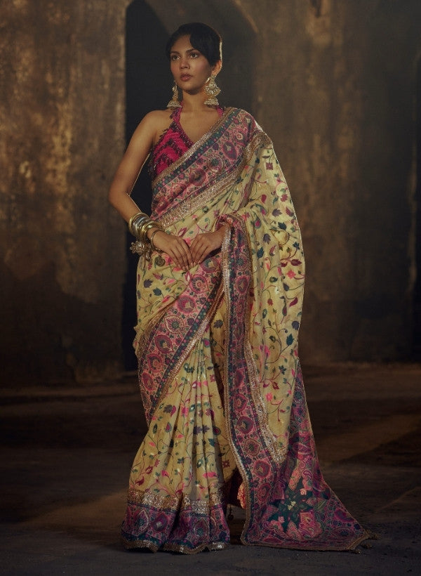 Cream Chanderi Silk Saree