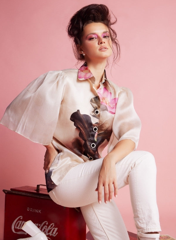 French Organza Beige Printed Shirt