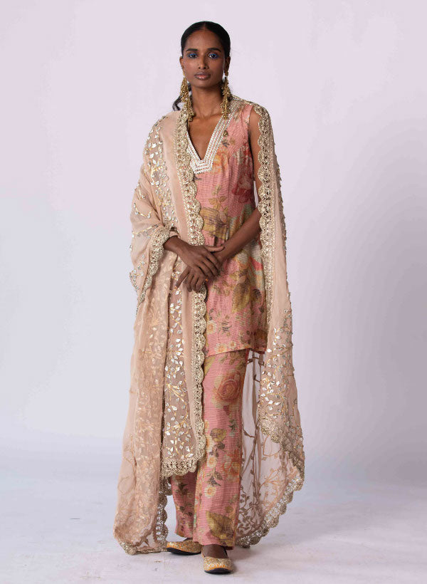 Dusty Rose crushed Silk Floral Kurta Set