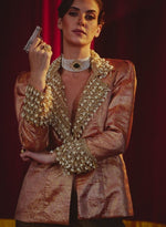 Load image into Gallery viewer, Rose Gold Embellished Brocade Blazer Set – Jacket