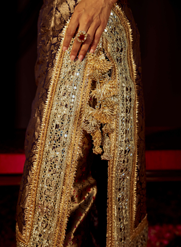 Blue Banarasi Kurta Set With Mirror & Gota Work