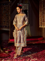 Load image into Gallery viewer, Blue Banarasi Kurta Set With Mirror & Gota Work