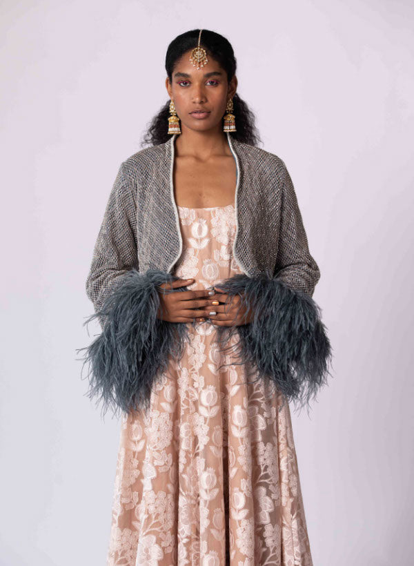 Peach Strappy Kurta & Beige Tulle Metallic Jacket with Feathers