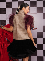 Load image into Gallery viewer, METALLIC ZIP-UP WAISTCOAT WITH MAROON OSTRICH FEATHER SHOULDERS