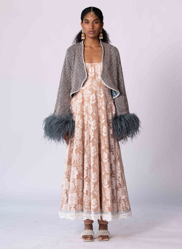 Peach Strappy Kurta & Beige Tulle Metallic Jacket with Feathers
