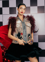 Load image into Gallery viewer, METALLIC ZIP-UP WAISTCOAT WITH MAROON OSTRICH FEATHER SHOULDERS