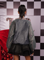 Load image into Gallery viewer, GREY LEATHER BOMBER JACKET WITH SWAROVSKI MESH SLEEVES