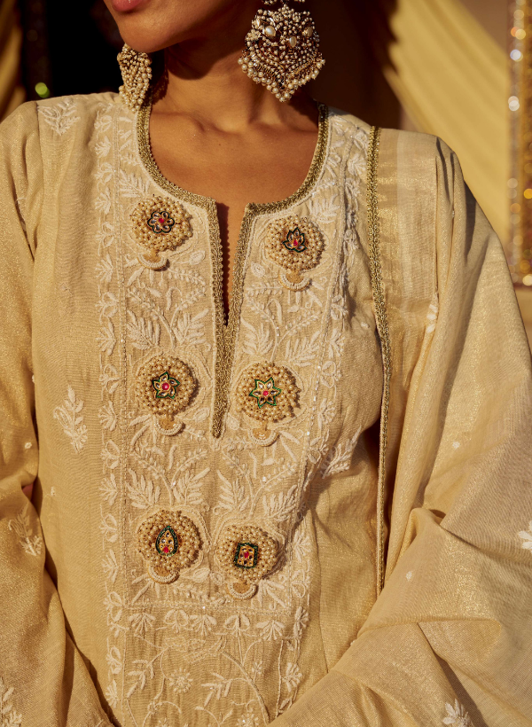 Beige Chanderi Silk Beaded Kurta Set
