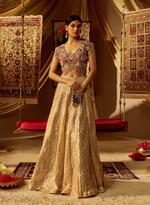 Load image into Gallery viewer, Gold Swarovski & Mint Green Gota Patti Lehenga Set