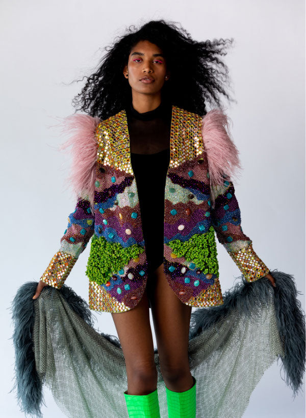 Deep Purple Taffeta Silk Open Jacket & Mint Green Metallic Tulle Shawl