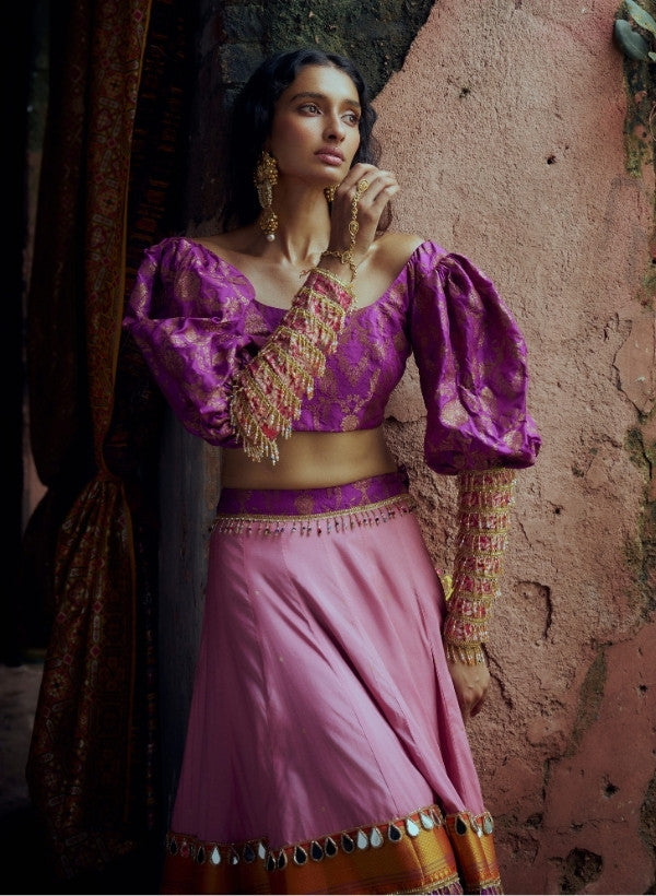 Light Pink Brocade Silk Lehenga Set