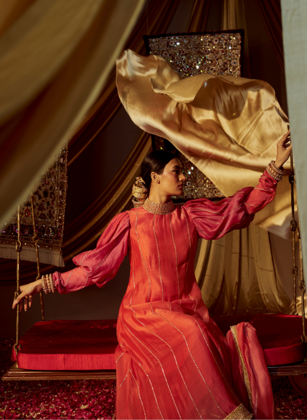 Red Shaded Chanderi Silk Bangled Kurta Set