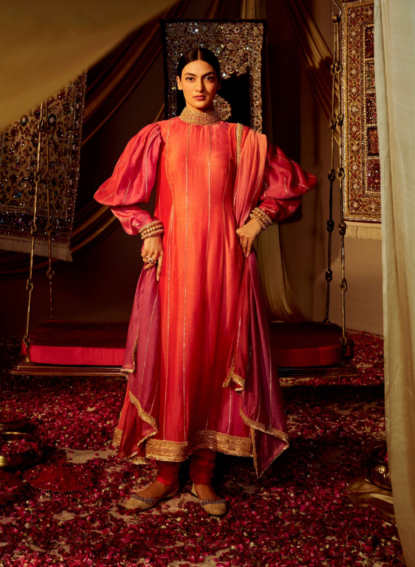 Red Shaded Chanderi Silk Bangled Kurta Set
