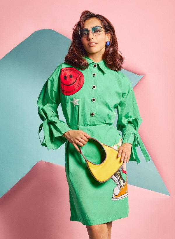 Emerald Green Hand-Painted Shirt Dress