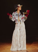 Load image into Gallery viewer, Newspaper Print Jacket & Chantilly Lace Sharara