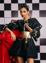 Load image into Gallery viewer, BLACK TAFFETA DRESS WITH SWAROVSKI EMBELLISHED SLEEVES AND ORNATE BUTTONS