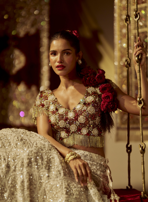 Red & White Swarovski Beaded Lehenga Set