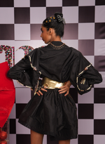 Load image into Gallery viewer, BLACK TAFFETA DRESS WITH SWAROVSKI EMBELLISHED SLEEVES AND ORNATE BUTTONS