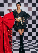 Load image into Gallery viewer, BLACK TAFFETA DRESS WITH SWAROVSKI EMBELLISHED SLEEVES AND ORNATE BUTTONS