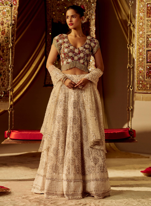 Red & White Swarovski Beaded Lehenga Set